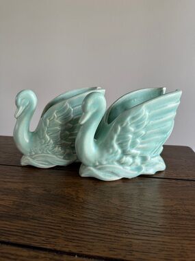 McCoy Pottery Large Swan Planter Turquoise Aqua Vintage 1940's Set Of 2